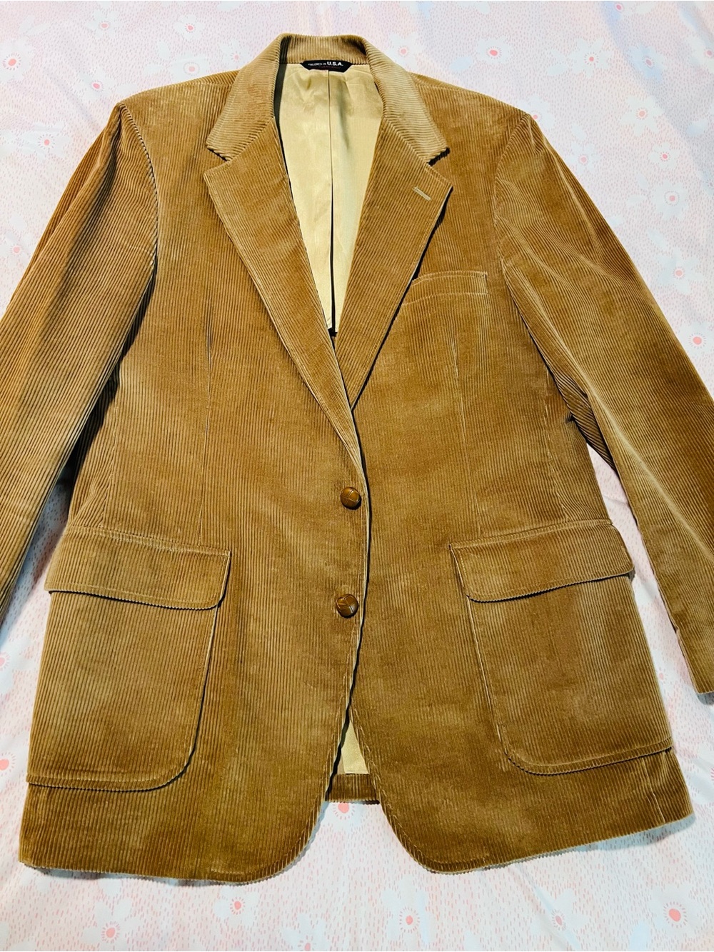 VTG 1970s Hubbard Corduroy Blazer Sport Coat Jacket Camel Tan Patch Pockets Mens